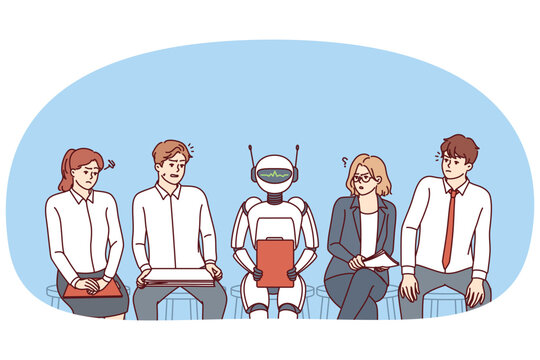 AI robot sits among frustrated job seekers losing jobs due to innovative technologies and robotization of production. Office workers look with distrust at robot with artificial intelligence