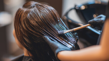 Faceless hairdresser applying hair dye to customer in salon, professional hair coloring stock photo, beauty treatment, chemical application, salon service, hair care, defocused bac