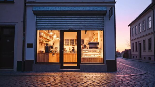 Empty Urban Street at Twilight with Closed Roller Shutter and Cobblestone Pathway Illuminated by Soft Evening Light