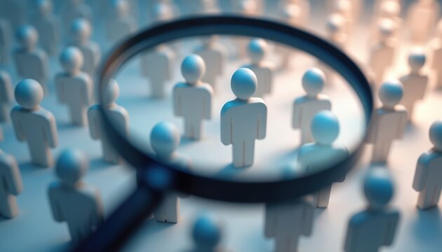 Illustration highlights unique individual selected from group of people under magnifying glass. Concept represents talent search recruitment human resources and job hiring