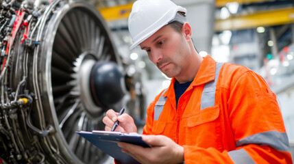 Engineer updating maintenance record in clean clipboard near turbine