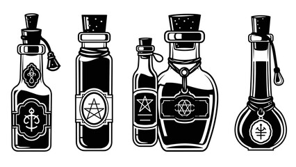 Set of vintage magic potion bottles with occult symbols.