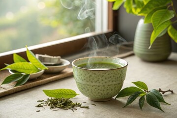 �Premium organic green tea leaves with ceramic teacup. Natural herbal beverage, traditional wellness ritual, healthy lifestyle, antioxidant-rich drink concept.