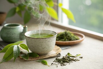 �Premium organic green tea leaves with ceramic teacup. Natural herbal beverage, traditional wellness ritual, healthy lifestyle, antioxidant-rich drink concept.