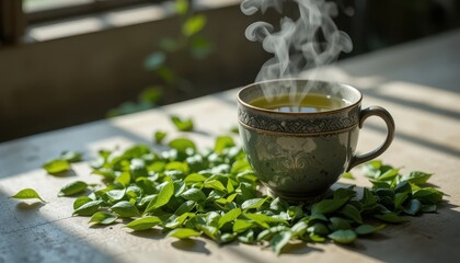 �Premium organic green tea leaves with ceramic teacup. Natural herbal beverage, traditional wellness ritual, healthy lifestyle, antioxidant-rich drink concept.