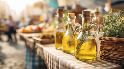 Farmers market showcasing handmade oils and herbs during sunny afternoon, artisan goods stock photo, local produce display, natural products, shoppers browsing, inviting atmosphere