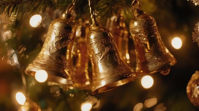 Golden bells hang on a festive tree with soft lights