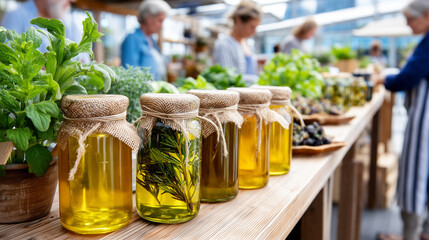 Farmers market showcasing handmade oils and herbs during sunny afternoon, artisan goods stock photo, local produce display, natural products, shoppers browsing, inviting atmosphere
