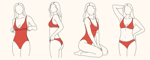 A set of line drawings of a female body in a swimsuit. Vector minimalist design. Editable line