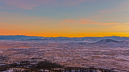 Aerial view of the Montana mountains near Helena at sunset in December