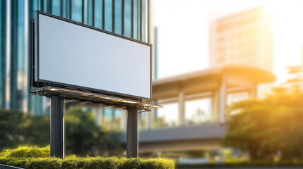 Blank billboard advertisement space near modern building, outdoor marketing stock photo, commercial signage, promotional display, advertising real estate, urban location, defocused