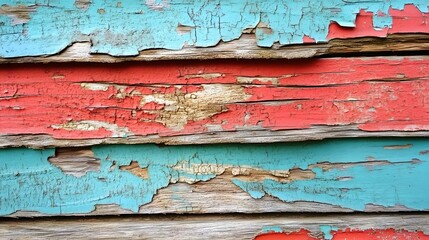 Weathered wooden planks display peeling layers of vibrant red and turquoise paint, creating a distressed, textured surface perfect for artistic backgrounds and textures.
