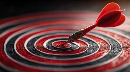 A sharp red dart hits the center of a target, set against black and red concentric rings