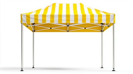 Empty yellow white striped market stall canopy structure, retail booth stock photo, bright colorful design, food retail setup, local marketplace, artisan shop, event vendor, isolat