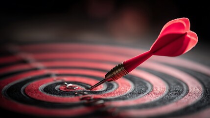 A close-up shot of a red dart piercing the center of a red and black target