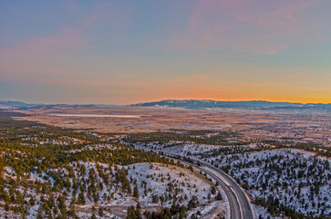 Aerial view of the Montana mountains near Helena at sunset in December
