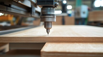 Automated CNC mill precisely cutting a large plywood sheet in a manufactu facility for furniture or construction applications with high precision and speed.