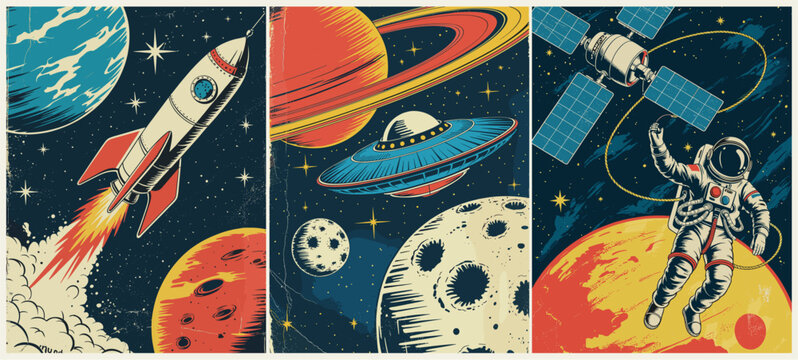 Retro style space triptych featuring rocket launch, flying UFO, and floating astronaut in a 1950s space exploration aesthetic with distressed texture.