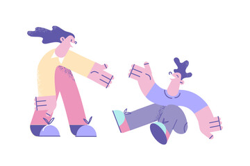 Kind girl help male friend stand up