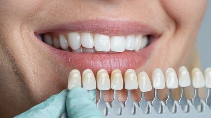 Dentist comparing tooth shade using dental color guide for perfect smile and professional teeth whitening treatment