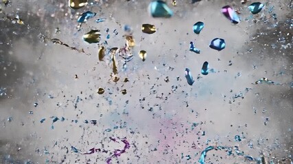Iridescent soap bubble bursts in slow motion creating a mesmerizing splash of colorful liquid droplets against a white background. - Powered by Adobe