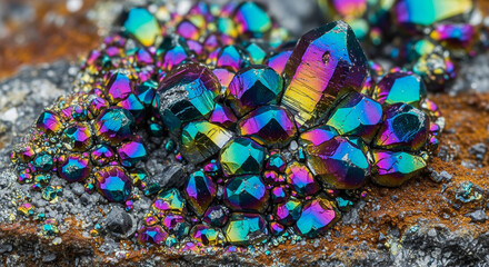 Brightly colored, iridescent rainbow crystals growing in geometric patterns on a rough rock surface