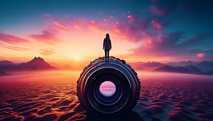 Solitary woman standing on a massive camera lens in a surreal pink desert landscape at epic sunset, symbolizing vision and future.