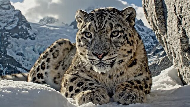 A snow leopard rests majestically in a snowy landscape