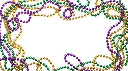 Colorful Mardi Gras bead necklace border arranged on isolated transparent background. Festive purple green and gold chain frame decoration for New Orleans carnival party celebration copy space.