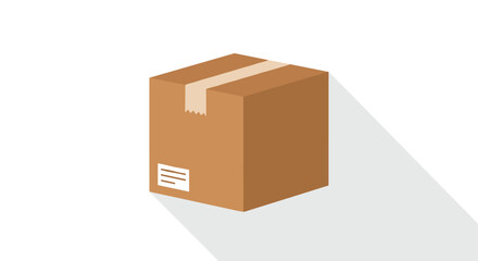 Fototapeta premium Single brown cardboard delivery box sealed with tape and featuring a shipping label on a white background.