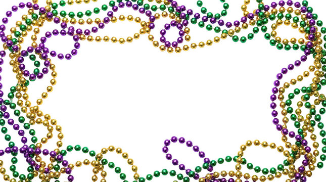 Colorful Mardi Gras bead necklace border arranged on isolated transparent background. Festive purple green and gold chain frame decoration for New Orleans carnival party celebration copy space.