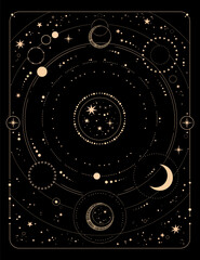 Obraz premium Rectangular cosmic ornament with moons. Golden elements on a black background