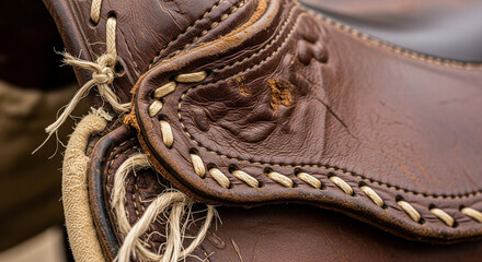 A macro close-up of thick brown leather with heavy cream-colored stitching, showing texture and detail