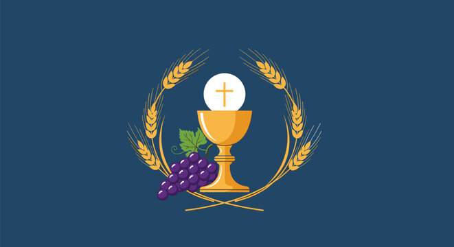 Christian eucharist symbols including a golden chalice with holy host and cross plus purple grapes and wheat on a blue background.