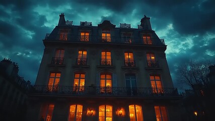 Historic Parisian building illuminated at dusk