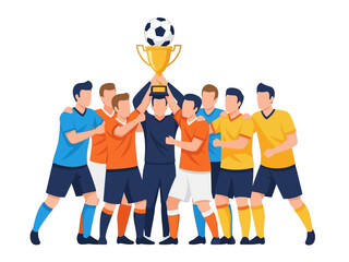 Fototapeta premium Dynamic flat vector illustration of soccer players celebrating a championship victory