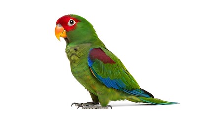 Obraz premium Green Parrot with Red Head and Blue Wings Isolated on White
