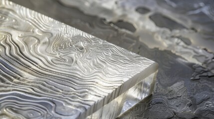 An elegantly textured silver surface reflects light in captivating patterns, showcasing the beauty of abstract design through a delicate interplay of shadows and highlights.