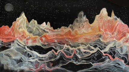 An imaginative representation of a mountain landscape in earthy tones creates a vibrant atmosphere, merging artistic expression with natural elements in a stunning visual experience.