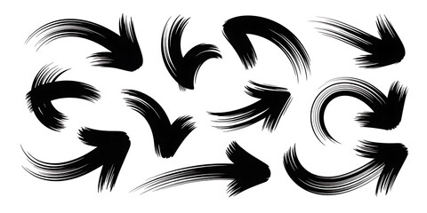 Set of dynamic black ink brush stroke arrows with curved and expressive motions for graphic design elements