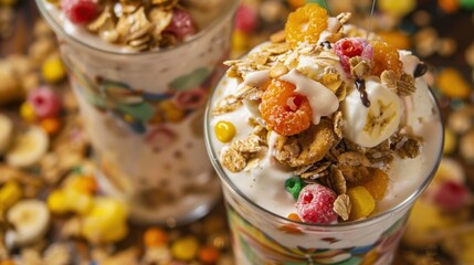 A mouthwatering dessert parfait brimming with colorful fruits, granola, and cream, promising a delightful experience that evokes joy and indulgence in every bite.
