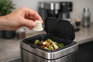 Sustainable business perspective strategies concept. Hand placing compostable waste into a kitchen compost bin.