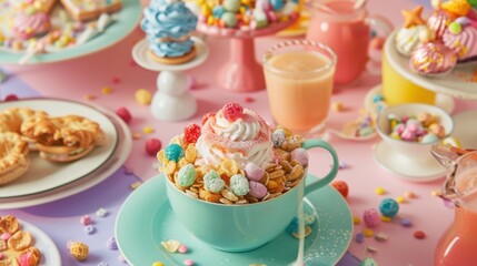 A vibrant and whimsical setup featuring an array of candy-themed desserts in pastel colors, representing joy, fun, and creativity in culinary design for festive occasions.