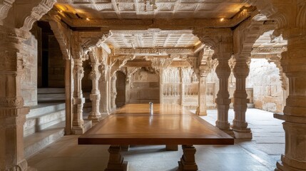 Capturing the elegance of a richly decorated dining hall, this image features intricately carved pillars and a wooden table set for an enchanting experience.