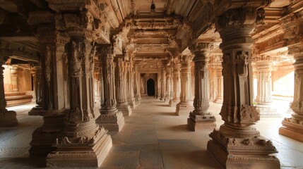 This stunning image showcases the detailed architecture of an ancient temple hall filled with intricately carved pillars, capturing both historical significance and beauty.