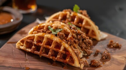 This enticing culinary image presents a stack of savory waffles filled with meat and drizzled with syrup, highlighting a playful and scrumptious take on traditional waffles.