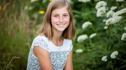 This beautiful outdoor image showcases a smiling girl surrounded by vibrant flowering plants, evoking feelings of joy, peace, and connection to nature.