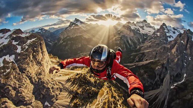 A skydiver glides through mountainous terrain, sunset glow