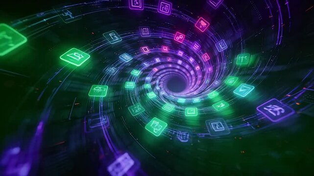 Digital icon tunnel with glowing application symbols and deep perspective