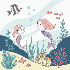 Obraz premium Cute Mermaid Friends Undersea Adventure Illustration for Children.